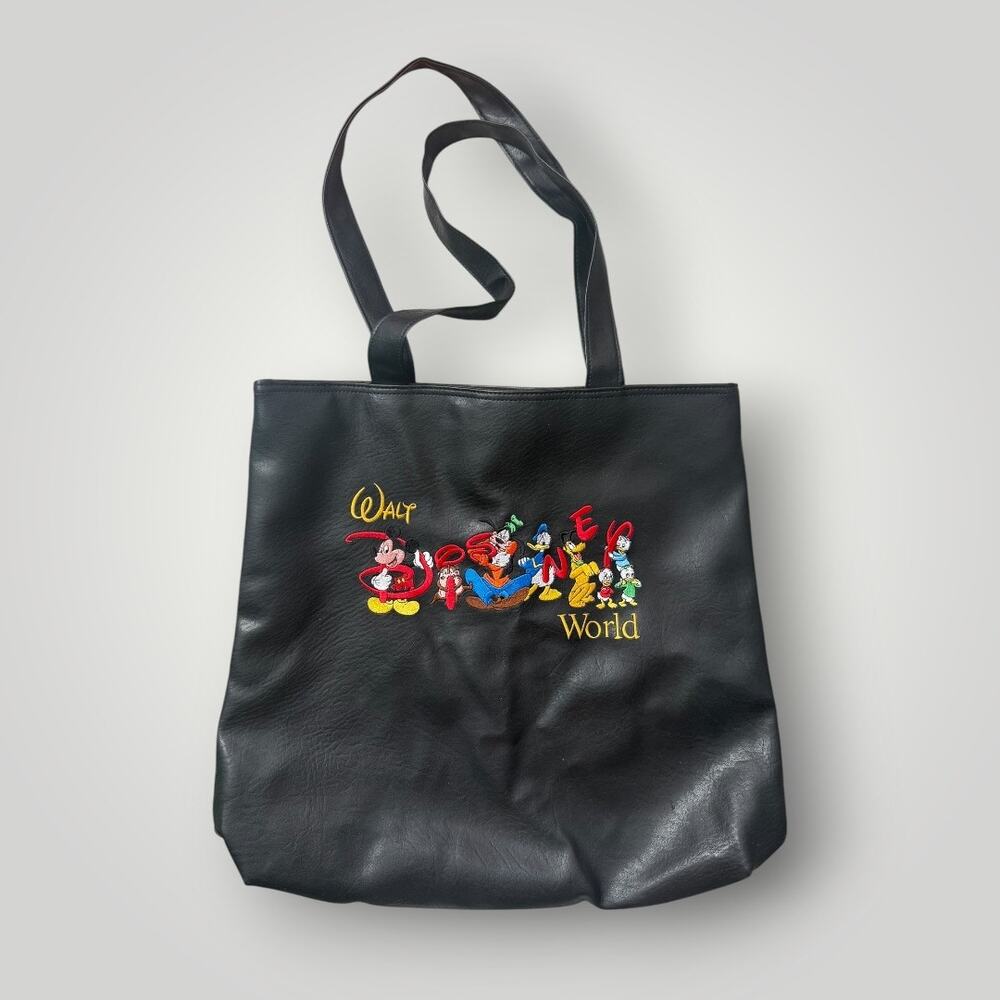 Vintage Walt Disney World Black Faux Leather Embroidered Tote Bag Mickey Goofy